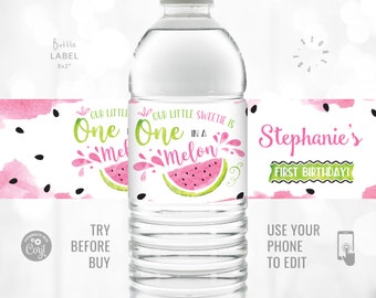 One in a Melon Birthday Party Bottle Label Template Printable Custom Label Watermelon Party First Birthday Pink and Green