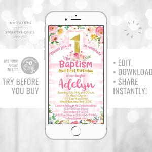 Baptism and First Birthday Editable Invitation Girl Christening Invitations 1st Birthday e-invitation Editable Template Online Corjl