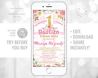 El Bautizo y Primer Añito Invitación para smartphones Invitación editable Invitaciones de bautizo de niña 1er cumpleaños e-invitación Español