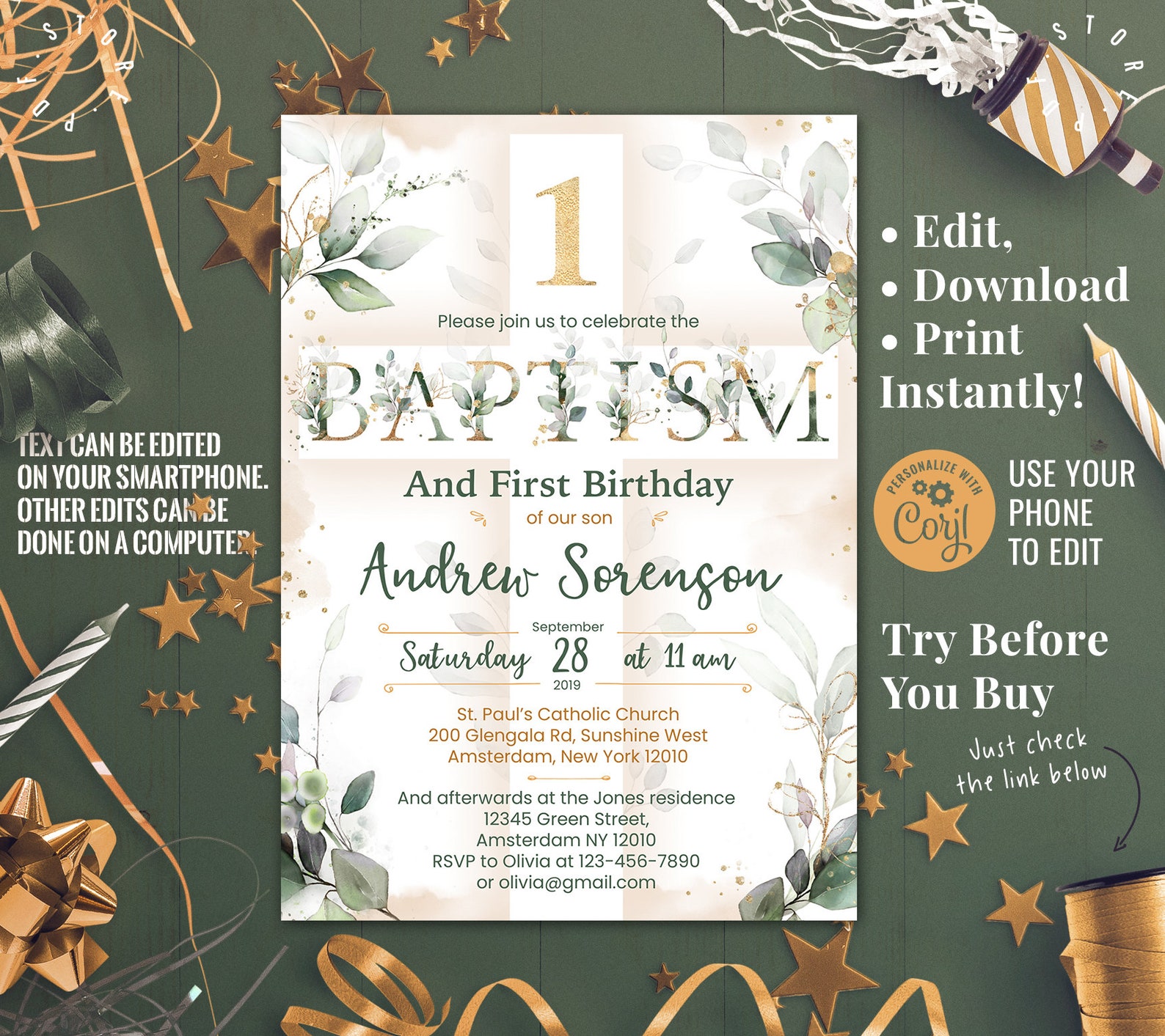 Baptism and First Birthday Boy Invitation Watercolor and Gold Etsy