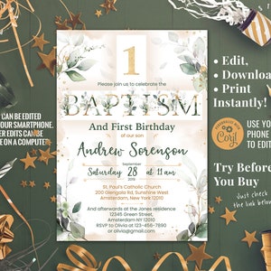 Baptism and First Birthday Boy Invitation Watercolor and Gold Leaves Collection Printable Invite Instant Download Editable Template