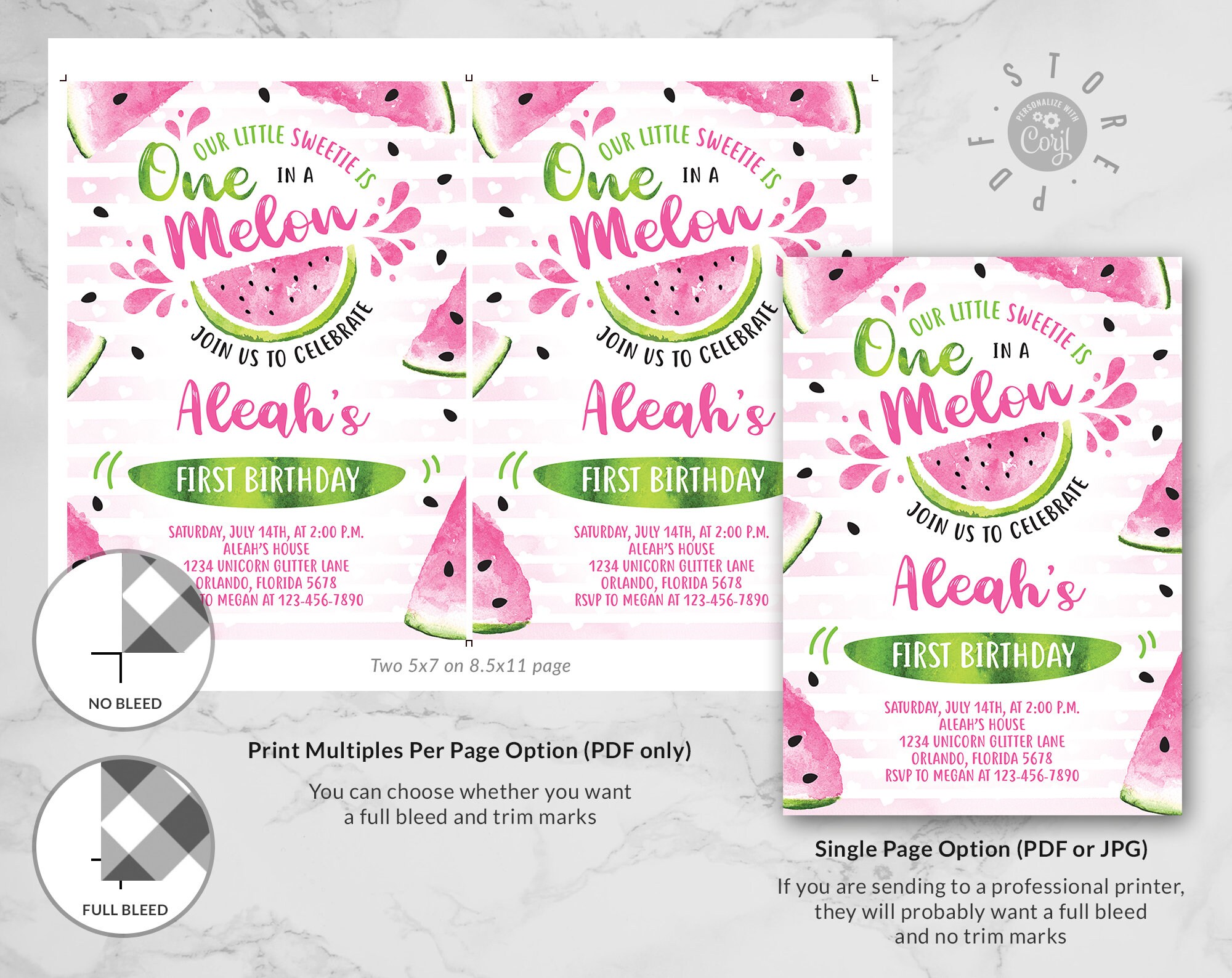 Editable Watermelon Birthday Invitation One in a Melon First Birthday ...