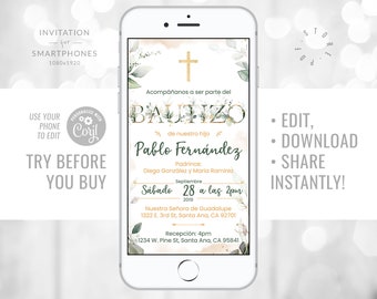 Invitación de Bautizo Editable Invitation for smartphones Boy Baptism E-invitation Spanish