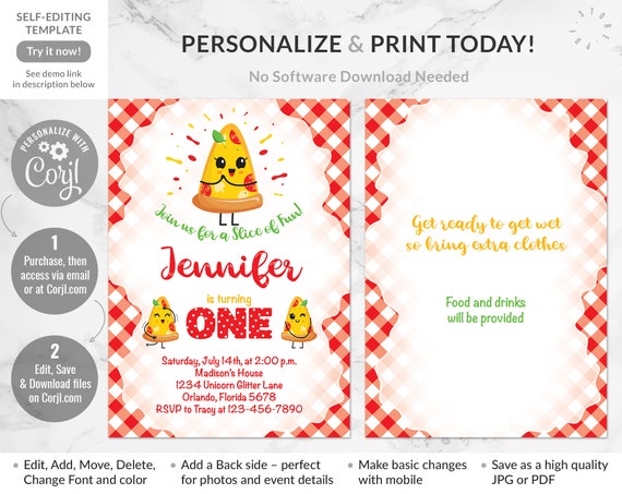 Pizza Party Editable Thank You Card First Birthday Girl Pizza Birthday Party Join Us for a Slice of Fun Italian Party Instant Download