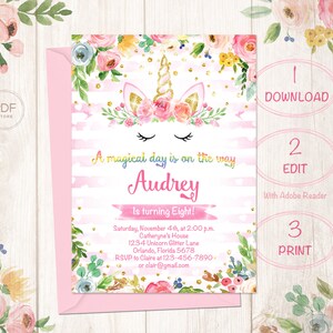 Floral Rainbow Unicorn Birthday Invitation, Rainbow Unicorn Invitation, Instant Download, Cute Invitation, Unicorn Rainbow Invitation