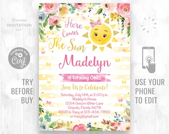 First Birthday Invitation Here Comes The Sun Birthday Invitation Floral Sunshine Birthday Summer Party Watercolor Flowers Instant Download
