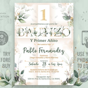 Convite de Bautizo Y Primer Añito de nuestro hijo Convite editável para menino de batismo aquarela espanhola folhas douradas convite verde