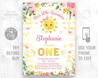 Sunshine First Birthday Invitation Our Little Sunshine is turning ONE Instant Access Invitation Sunshine Party Corjl Invite