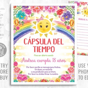 Cápsula del tiempo Nuestro Rayito de Sol Feliz Cumpleaños Niña Flores Español Arcoiris Corjl