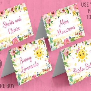Editable Sunshine Party Food Tent Cards Our Little Sunshine Cards Printable Self-editing Here Comes The Sun Little Ray of Sunshine Corjl
