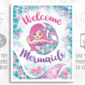 Welcome Mermaids Birthday Party Sign Under The Sea Mermaid Tail Instant Download Printable Welcome Sign Mermaid Birthday