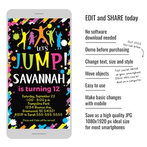 Jump Invitation Bounce House Invite Trampoline Birthday Pump It up Party Sky High Editable ...