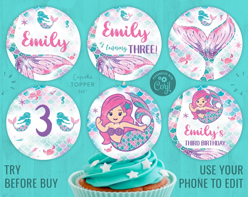 Mermaid Cupcake Toppers Under the Sea Mermaid Party Decor Printable