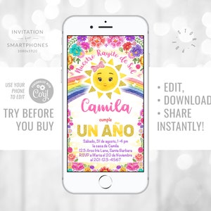 Nuestro Rayito de Sol Invitación Electrónica Del Primer Cumpleaños Feliz Cumpleaños Invitación Cumpleaños Niña Flores Español Arcoiris