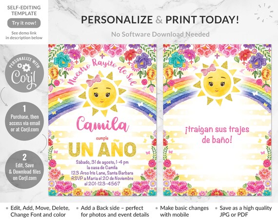 Nuestro Rayito De Sol Invitacion Del Primer Cumpleanos Feliz Etsy