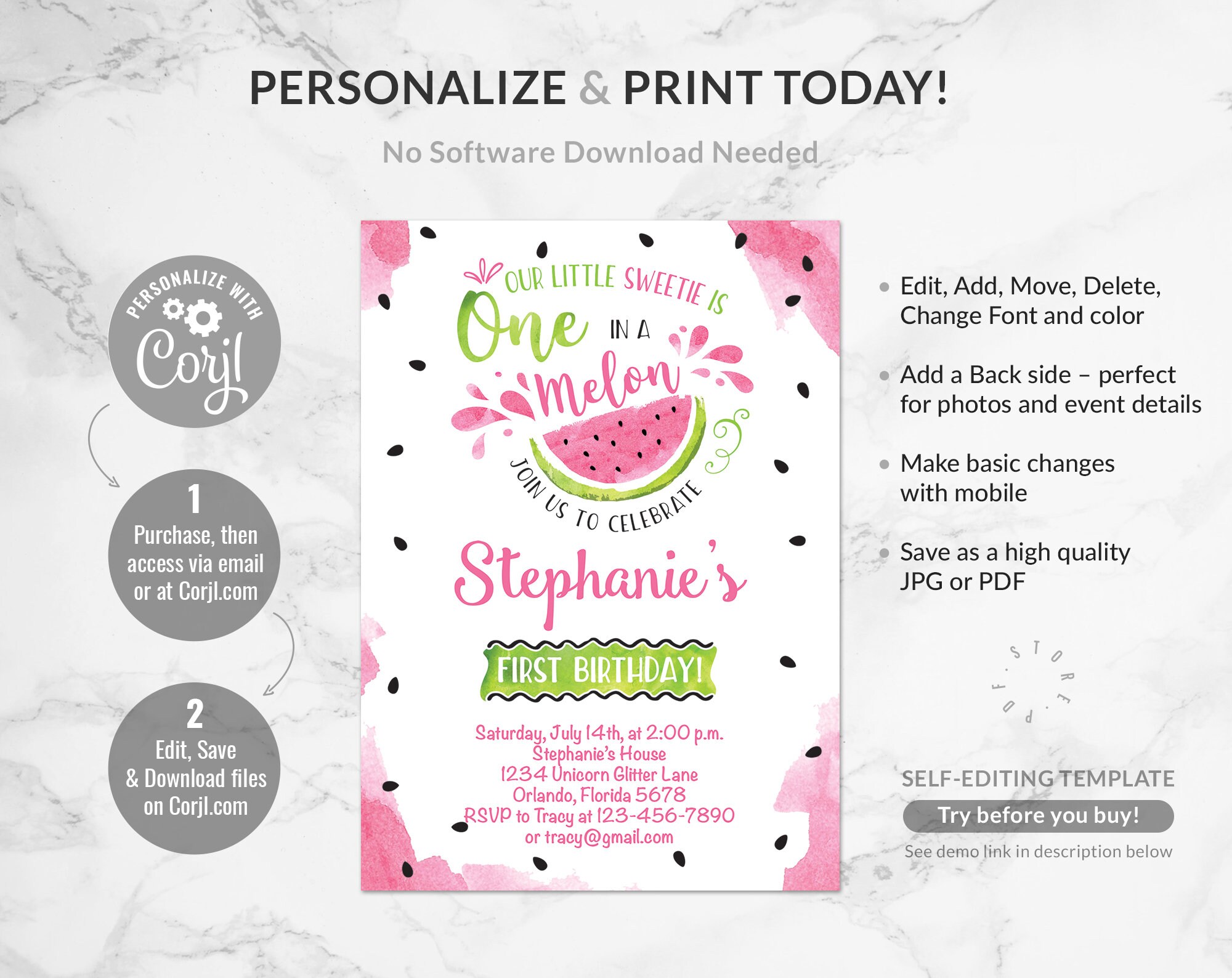 One in a Melon Birthday Invitation 1st Birthday Invite Instant Download ...