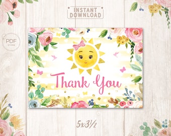 Sunshine Thank You Card Our Little Sunshine Birthday Thank Notes Sunshine Theme Baby Birthday Printable Instant Download Little Ray Sunshine