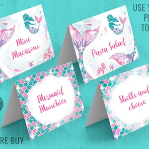 Mermaid Party Food Tent Cards Under The Sea Mermaid Tent Place Cards Imprimable Edit Yourself Mermaid Bash Party Splash Rejoignez-nous sous la mer