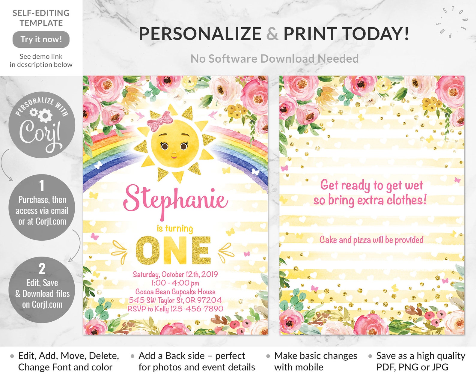 Sunshine First Birthday Invitation Sunshine Rainbow Birthday Etsy