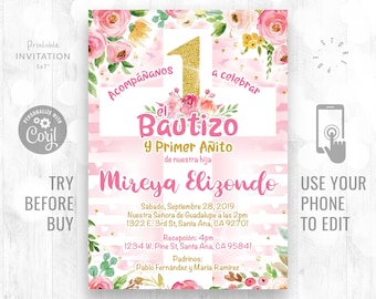 El Bautizo y Primer Añito invitación de nuestra hija Bautismo editable 1er Bday Bautizo Plantilla editable Invitación en línea en español