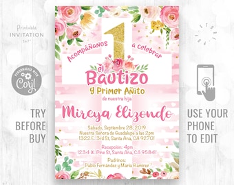 El Bautizo y Primer Añito invitación de nuestra hija Editable Baptism 1st Bday Christening Editable Template Online Spanish Invitation