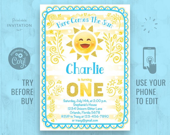 First Birthday Invitation Here Comes The Sun is turning ONE Boy Birthday Instant Access Invitation Sunshine Party Corjl Invite Image#22 First Birthday Invitation Here Comes The Sun is turning ONE Boy Birthday Instant Access Invitation Sunshine Party Corjl Invite