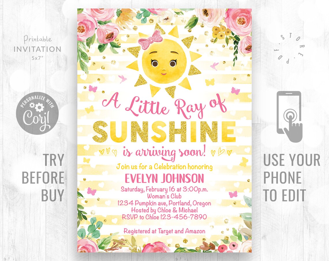 Little Ray of Sunshine Baby Shower Invitation / You Are My Sunshine