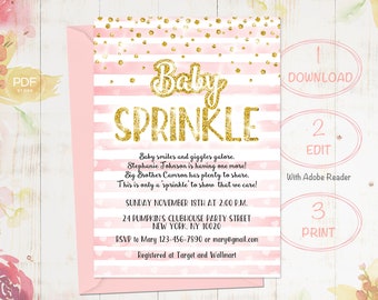 Rose Pink Baby Sprinkle Invitation, Baby Sprinkle Invitation, Baby Shower Invite, Girl Baby Shower, Gold Baby Shower,  Instant Download