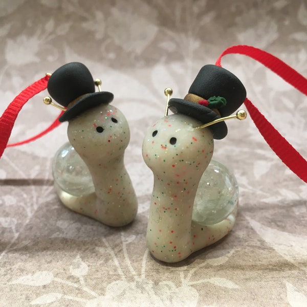 Polymer Clay Marble Snail Ornament Snowman or Top Hat or Santa , Fairy Garden Miniature / Customizable Christmas Gift for Winter Birthday