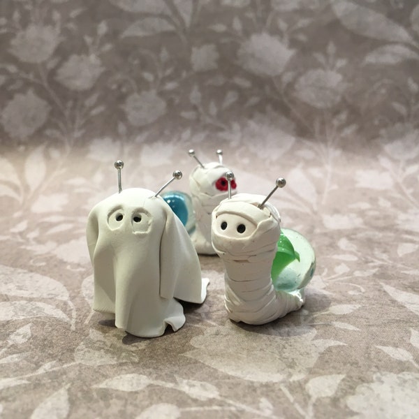 Polymer Clay Marble Snail Mummy or Ghost Halloween Fairy Garden Figure , Handmade Unique Creature , OOAK Collectable Ghost Figurine Gift