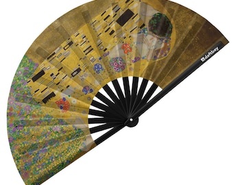 The Kiss by Gustav Klimt Rave Bamboo Folding Hand Fan / Clack Fan - Large