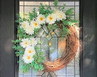 Front Door Wreath Everyday Spring Summer Wreath Grapevine White Gerbera Daisies Bright Boxwood Greenery Farmhouse