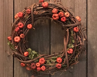Mini Fall Wreath Putka Pods Mini Pumpkins Orange Brown Grapevine Cabinet Wreath Wall Decor farmhouse thanksgiving fall primitive
