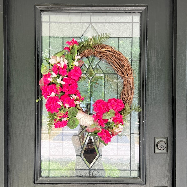 Everyday Spring Summer Magenta Fuchsia Geranium Front Door Wreath Polka Dot Ribbon Modern Farmhouse