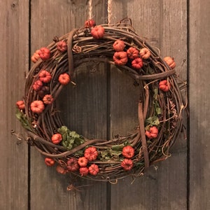 Mini Fall Wreath Putka Pods Mini Pumpkins Orange Brown Grapevine Cabinet Wreath Wall Decor 7-8in size farmhouse thanksgiving fall primitive