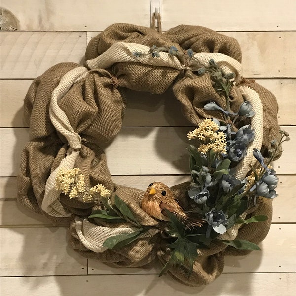 Front Door Wreath, Mantel Wreath, Indoor or Outdoor Wreath, Blue and Cream, Natural Burlap 24", Farmhouse, Bird Decor, Large Scale Wreath