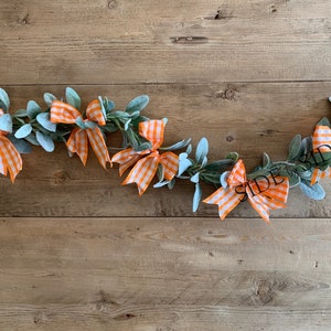 Ribbon and Lamb Ear Garland Everyday Spring Summer Decor Orange and White Gingham Ribbon Mirror Mantel Farmhouse Table Mantel Greenery