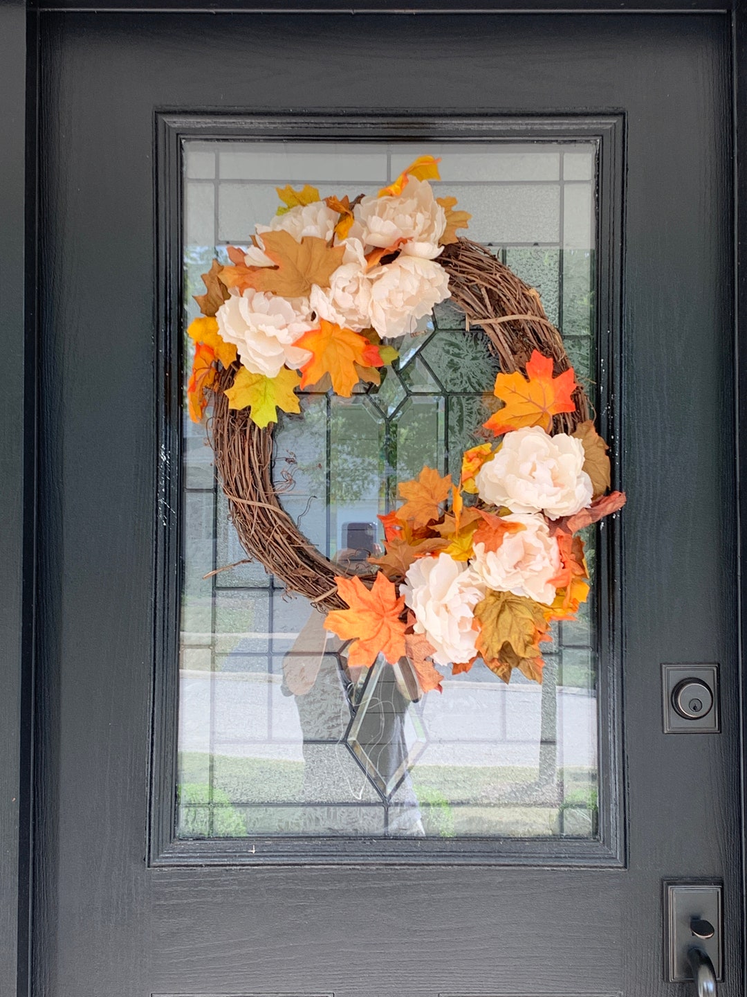 Autumn Harvest Fall Front Door Wreath Grapevine Wreath Leaves Cream ...