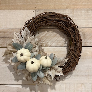 White pumpkin and maple leaves wreath, lambs ear, farmhouse, autumn fall harvest door wreath, indoor small space design