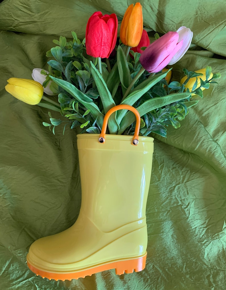 April Showers Rain Boot Floral Arrangement Real Touch Tulips