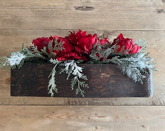 Winter Arrangement Antique Sewing Drawer Centerpiece Tabletop Shelf Entryway Desktop Crimson Reds Host Hostess Gift