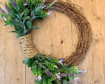 Front Door Wreath Spring Summer Lavender Greenery Jute Rope Tie Farmhouse Simple Wreath