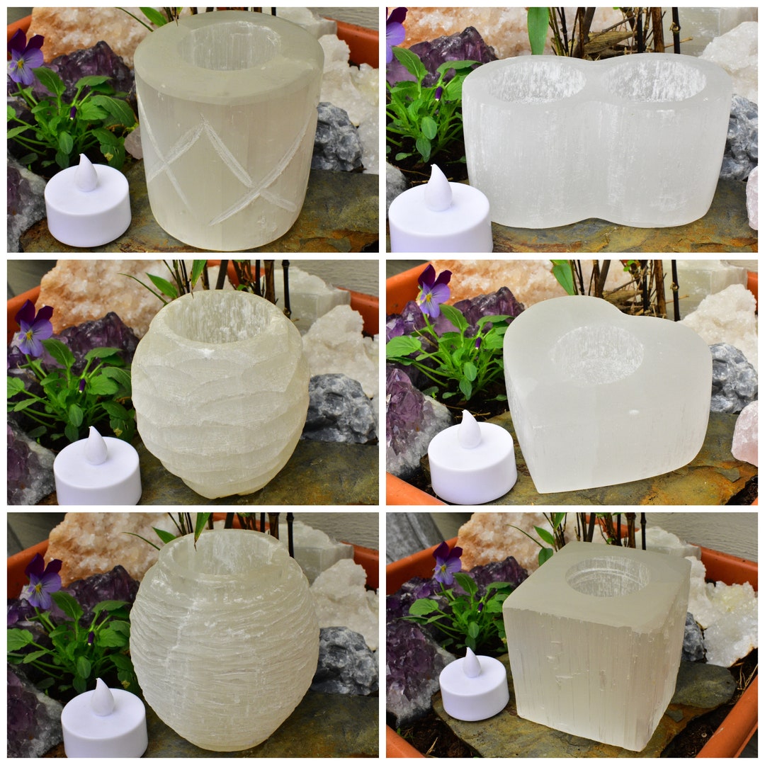 Selenite Crystal Candle Holders All Shapes, Selenite Hearts, Square