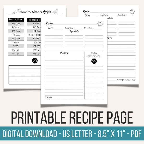 Recipe Page, Blank Recipe Full Page, Recipe Binder Pages, Recipe Sheet for Meal Planners, Baking Recipe Sheet, Recipe Log Book Printable PDF