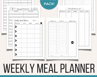 Printable Weekly Meal Planner Bundle Digital PDF | Menu Planner With Grocery Shopping List | Meal Prep Journal | Daily Food Planning Pages