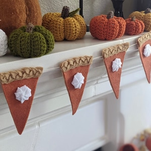 May include: A felt garland with brown pie slices and white whipped cream accents. The garland is strung with twine and is decorated with crocheted pumpkins in shades of green, orange, and yellow.