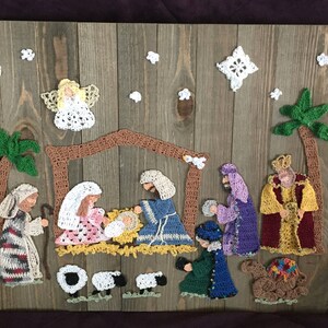 Crochet Nativity on a Wood Plaque