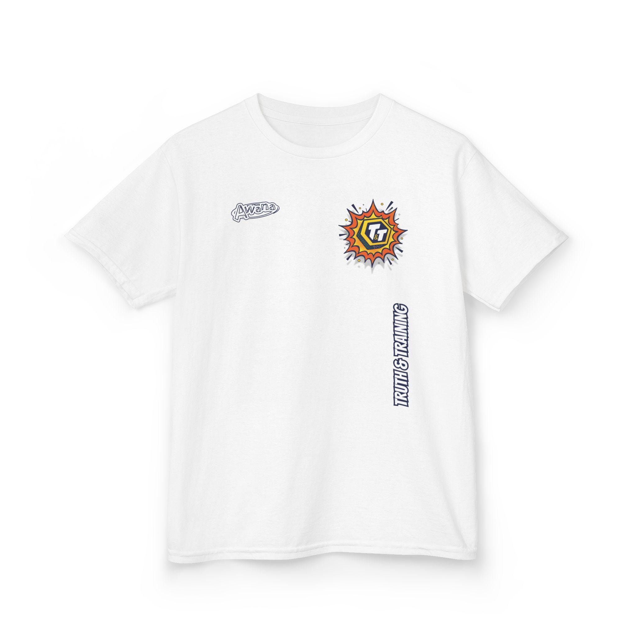 Truth & Training graphic Kids Tee | small logo chest, vertical side print - Image 2