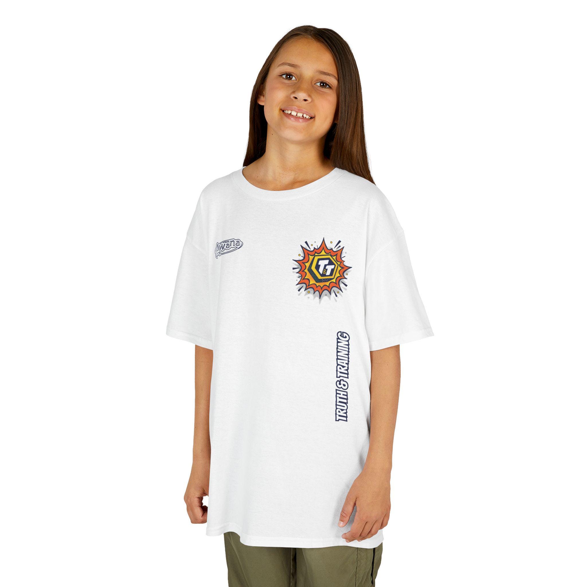 Truth & Training graphic Kids Tee | small logo chest, vertical side print - Image 5