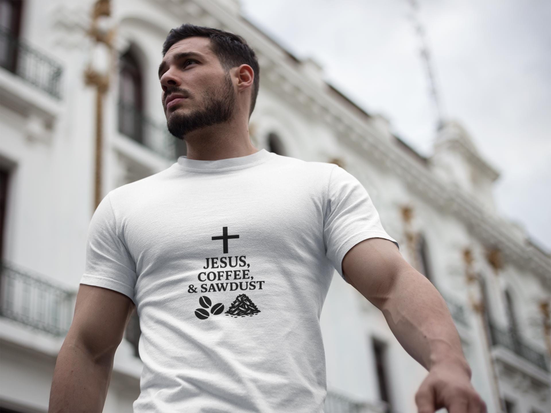 Jesus Coffee Sawdust Tee: Christian Woodworker Shirt - Image 1